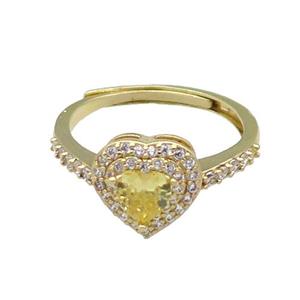 copper Heart Ring pave zircon yellow adjustable gold plated, approx 10mm, 18mm dia