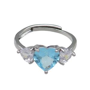 copper Heart Ring pave zircon aqua adjustable platinum plated, approx 9mm, 5mm, 18mm dia