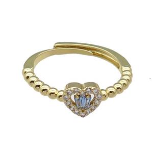 copper Heart Ring pave zircon blue adjustable gold plated, approx 7mm, 18mm dia