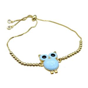 copper Bracelet with owl aqua enamel gold plated, approx 20-23mm, 3mm, 23cm length