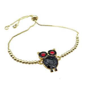 copper Bracelet with owl black enamel gold plated, approx 20-23mm, 3mm, 23cm length