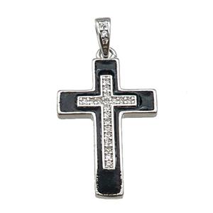 copper Cross pendant pave zircon black enamel platinum plated, approx 17-25mm