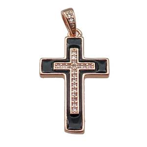 copper Cross pendant pave zircon black enamel rose gold, approx 17-25mm