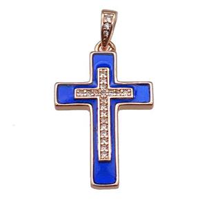 copper Cross pendant pave zircon blue enamel rose gold, approx 17-25mm