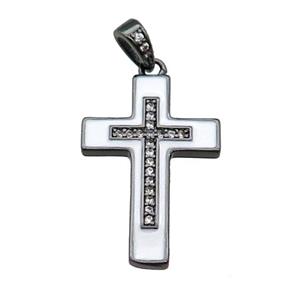 copper Cross pendant pave zircon white enamel black plated, approx 17-25mm