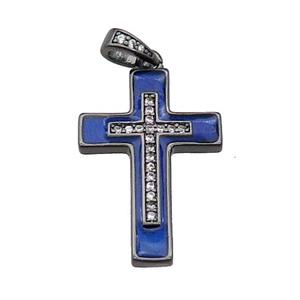 copper Cross pendant pave zircon blue enamel black plated, approx 17-25mm