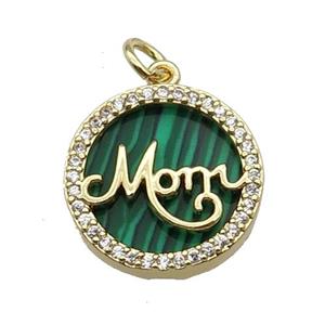 copper circle MOM pendant pave zircon malachite gold plated, approx 16mm dia