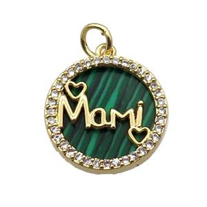 copper circle Mami pendant pave zircon malachite gold plated, approx 16mm dia