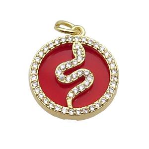 copper circle snake pendant pave zircon red stone gold plated, approx 16mm dia