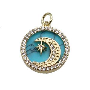 copper circle pendant pave zircon turquoise Moon gold plated, approx 16mm dia