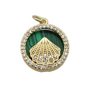 copper circle pendant pave zircon malachite Fan gold plated, approx 16mm dia