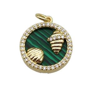 copper circle pendant pave zircon malachite Ocean gold plated, approx 16mm dia