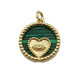 copper circle pendant pave zircon malachite Heart gold plated, approx 16mm dia