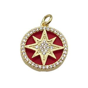 copper circle pendant pave zircon red stone Northstar gold plated, approx 16mm dia