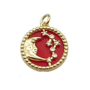 copper circle pendant pave zircon red stone Moon gold plated, approx 16mm dia