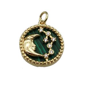 copper circle pendant pave zircon malachite Moon gold plated, approx 16mm dia