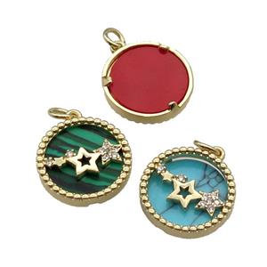 mix copper circle pendant pave zircon gemstone star gold plated, approx 16mm dia