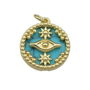 copper circle pendant pave turquoise Eye gold plated, approx 16mm dia