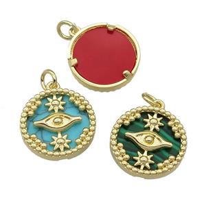 mix copper circle pendant pave gemstone Eye gold plated, approx 16mm dia