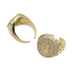 copper Ring pave zircon Jesus gold plated, approx 17mm, 18mm dia