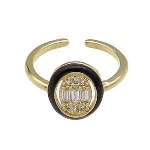 copper Ring pave zircon black enamel oval gold plated, approx 10-12mm, 18mm dia