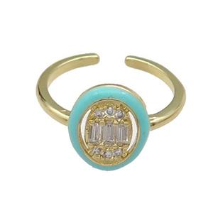 copper Ring pave zircon green enamel oval gold plated, approx 10-12mm, 18mm dia