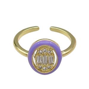 copper Ring pave zircon lavender enamel oval gold plated, approx 10-12mm, 18mm dia