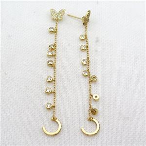 copper Stud Earring pave zircon butterfly gold plated, approx 10mm, 10mm, 3.8mm, 65mm length