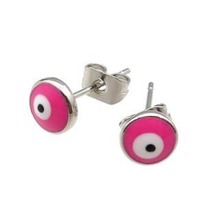 copper Evil Eye Stud Earring pink enamel platinum plated, approx 6mm