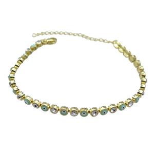 Copper Green Enamel Evil Eye Bracelet Pave Zircon Gold Plated, approx 4.5mm, 16-21cm length