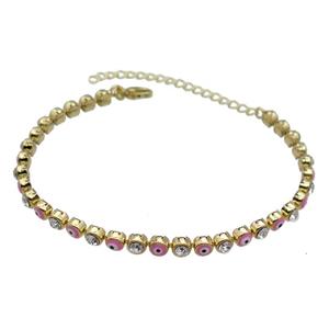 Copper Pink Enamel Evil Eye Bracelet Pave Zircon Gold Plated, approx 4.5mm, 16-21cm length