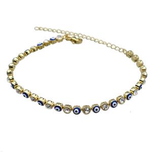 Copper Blue Enamel Evil Eye Bracelet Pave Zircon Gold Plated, approx 4.5mm, 16-21cm length