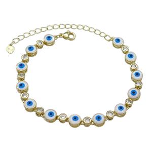 Copper White Enamel Evil Eye Bracelet Pave Zircon Gold Plated, approx 6.5mm, 17-24cm length