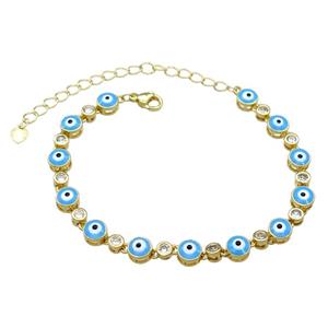 Copper Blue Enamel Evil Eye Bracelet Pave Zircon Gold Plated, approx 6.5mm, 17-24cm length