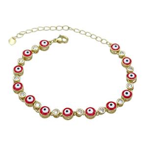 Copper Red Enamel Evil Eye Bracelet Pave Zircon Gold Plated, approx 6.5mm, 17-24cm length