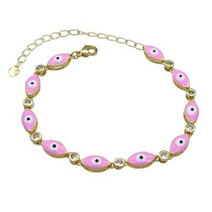 Copper Pink Enamel Evil Eye Bracelet Pave Zircon Gold Plated, approx 6.5-12mm, 18-25cm length