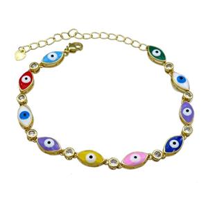 Copper Multicolor Enamel Evil Eye Bracelet Pave Zircon Gold Plated, approx 6.5-12mm, 18-25cm length