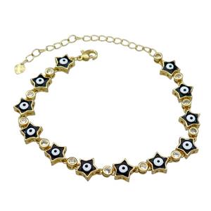 Copper Star Black Enamel Evil Eye Bracelet Pave Zircon Gold Plated, approx 9.5mm, 18-25cm length