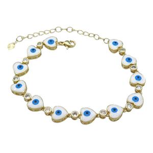 Copper Heart White Enamel Evil Eye Bracelet Pave Zircon Gold Plated, approx 9.5mm, 18-25cm length