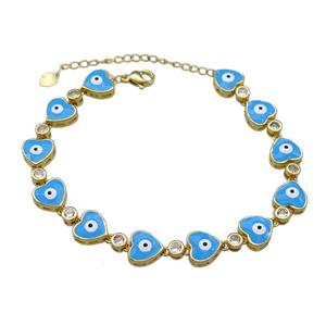 Copper Heart Blue Enamel Evil Eye Bracelet Pave Zircon Gold Plated, approx 9.5mm, 18-25cm length