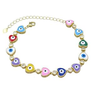 Copper Heart Multicolor Enamel Evil Eye Bracelet Pave Zircon Gold Plated, approx 9.5mm, 18-25cm length