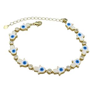 Copper HamsaHand White Enamel Evil Eye Bracelet Pave Zircon Gold Plated, approx 9-11mm, 17-24cm length