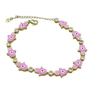 Copper HamsaHand Pink Enamel Evil Eye Bracelet Pave Zircon Gold Plated, approx 9-11mm, 17-24cm length