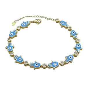 Copper HamsaHand Blue Enamel Evil Eye Bracelet Pave Zircon Gold Plated, approx 9-11mm, 17-24cm length