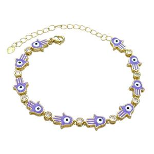 Copper HamsaHand Lavender Enamel Evil Eye Bracelet Pave Zircon Gold Plated, approx 9-11mm, 17-24cm length