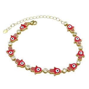 Copper HamsaHand Red Enamel Evil Eye Bracelet Pave Zircon Gold Plated, approx 9-11mm, 17-24cm length