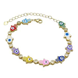 Copper HamsaHand Multicolor Enamel Evil Eye Bracelet Pave Zircon Gold Plated, approx 9-11mm, 17-24cm length