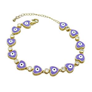 Copper Heart Bracelet Evil Eye Lavender Enamel Gold Plated, approx 9.5mm, 18-25cm length