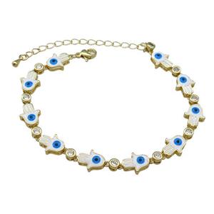 Copper Hamsahand Bracelet Evil Eye White Enamel Gold Plated, approx 9-11mm, 17-24cm length