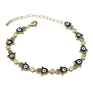 Copper Hamsahand Bracelet Evil Eye Black Enamel Gold Plated, approx 9-11mm, 17-24cm length